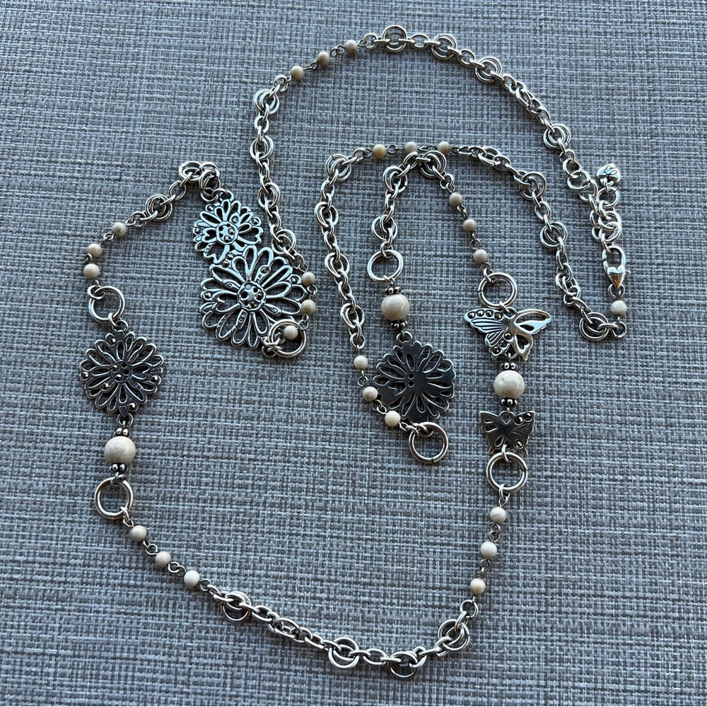 Brighton Utopia White Mother of Pearl, Crystal Silver Floral Butterfly Necklace